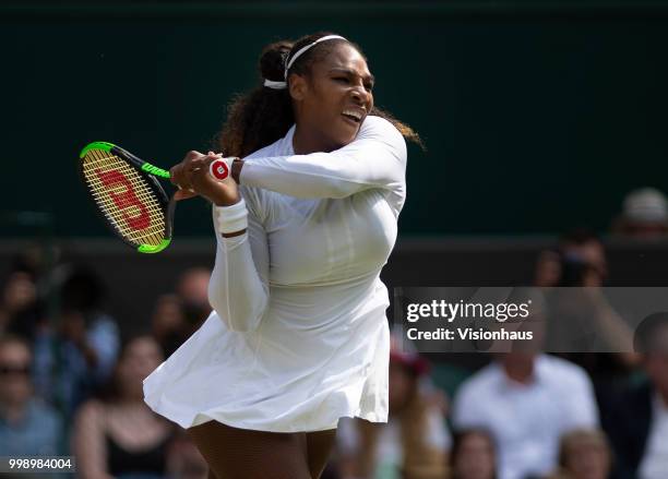 Serena Williams of USA during her semi-final match against Julia Goerges of Germany on day ten of the Wimbledon Lawn Tennis Championships at the All...