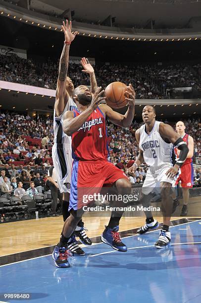 Baron Davis of the Los Angeles Clippers puts a shot up against the Orlando Magic during the game on March 9, 2010 at Amway Arena in Orlando, Florida....