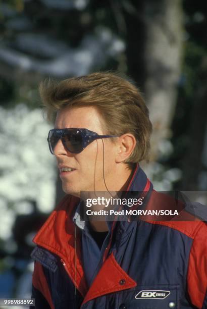 David Bowie aux sports d'hiver à Gstaad le 1 janvier 1986, Suisse.