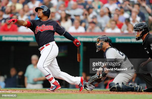 Jose Ramirez of the Cleveland Indians hits a solo home run against the New York Yankees in the first inning at Progressive Field on July 14, 2018 in...