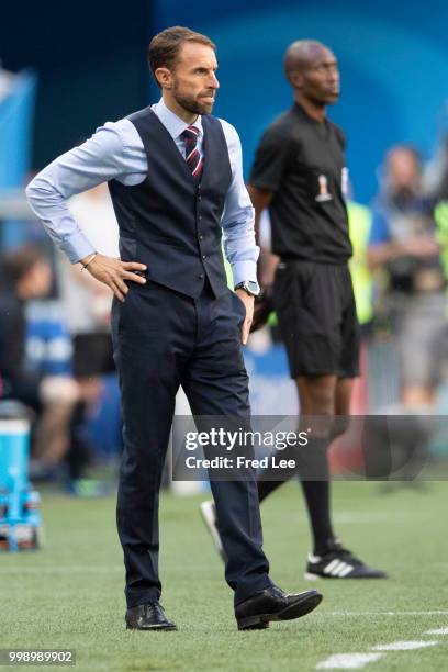 Gareth Southgate manager of England looks dejected at the 2018 FIFA World Cup Russia 3rd Place Playoff match between Belgium and England at Saint...