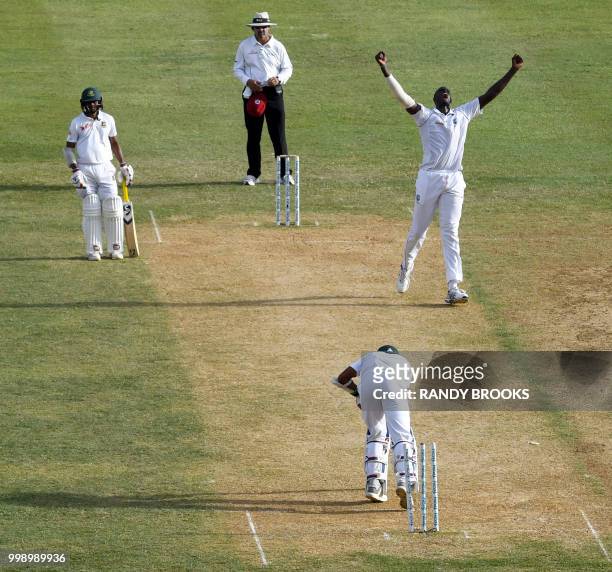 Abu Jayed of Bangladesh bowled by Jason Holder of West Indies during day 3 of the 2nd Test between West Indies and Bangladesh at Sabina Park,...