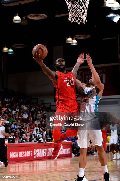 Giddy Potts of the Toronto Raptors shoots the ball against the Charlotte Hornets during the 2018 Las Vegas Summer League on July 14, 2018 at the Cox...