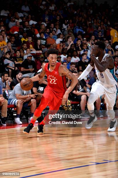 Malachi Richardson of the Toronto Raptors handles the ball against the Charlotte Hornets during the 2018 Las Vegas Summer League on July 14, 2018 at...