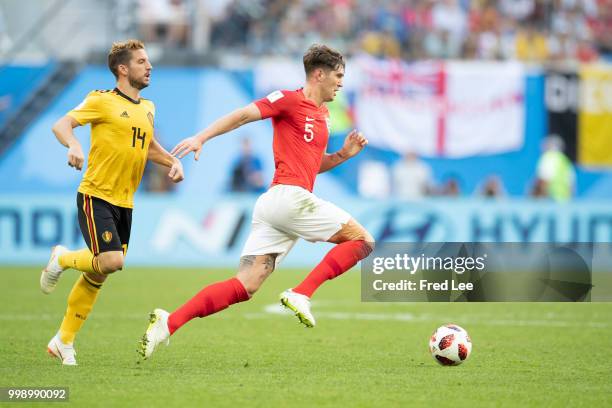 John Stones of England in action during the 2018 FIFA World Cup Russia 3rd Place Playoff match between Belgium and England at Saint Petersburg...