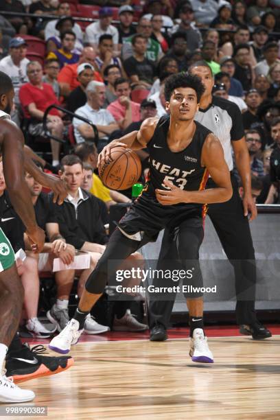 Tai Webster of the Miami Heat goes to the basket against the Boston Celtics during the 2018 Las Vegas Summer League on July 14, 2018 at the Thomas &...