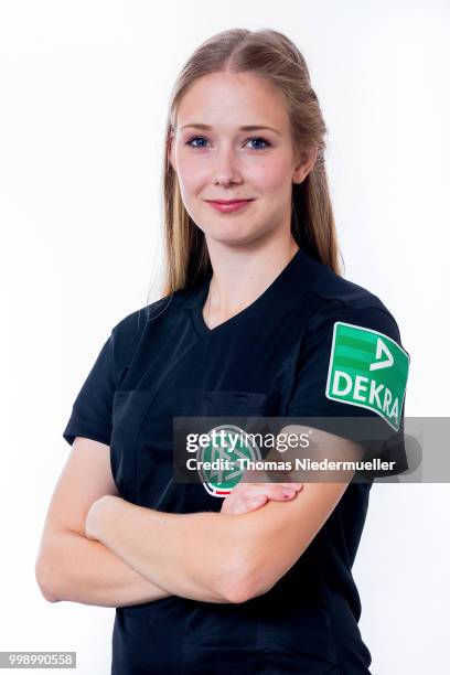 Sarah Willms poses during a portrait session at the Annual Women's Referee Course on July 14, 2018 in Grunberg, Germany.