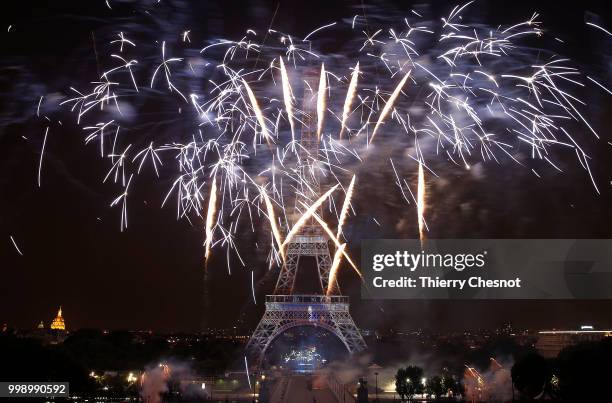 Fireworks burst around the Eiffel Tower as part of Bastille Day celebrations on July 14, 2018 in Paris, France. The theme of the fireworks of this...