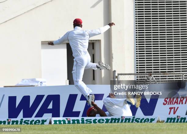 Kieran Powell and Shannon Gabriel of West Indies fielding during day 3 of the 2nd Test between West Indies and Bangladesh at Sabina Park, Kingston,...