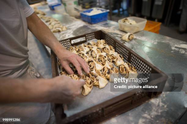 Man placing raw chocolate Franzbrotchen in a tray at the "Kleine Konditorei" bakery in Hamburg, Germany, 10 August 2017. Whether classical only with...