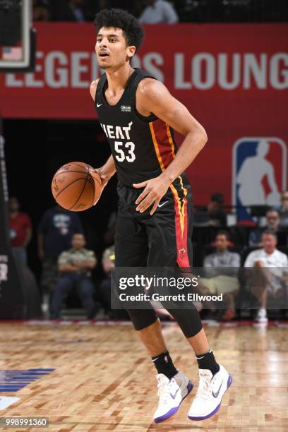 Tai Webster of the Miami Heat handles the ball against the Boston Celtics during the 2018 Las Vegas Summer League on July 14, 2018 at the Thomas &...