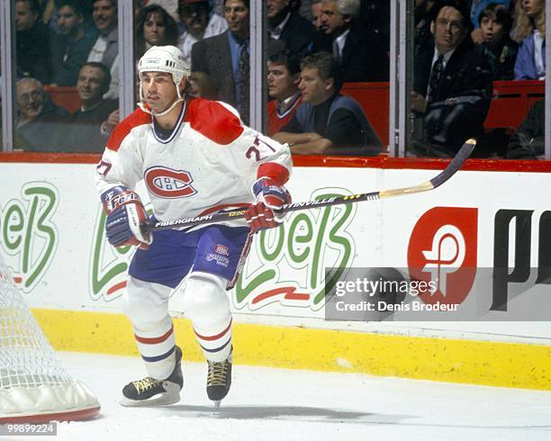 Mathieu Schneider of the Montreal Canadiens skates during the 1990's at the Montreal Forum in Montreal, Quebec, Canada. Schneider played for the...