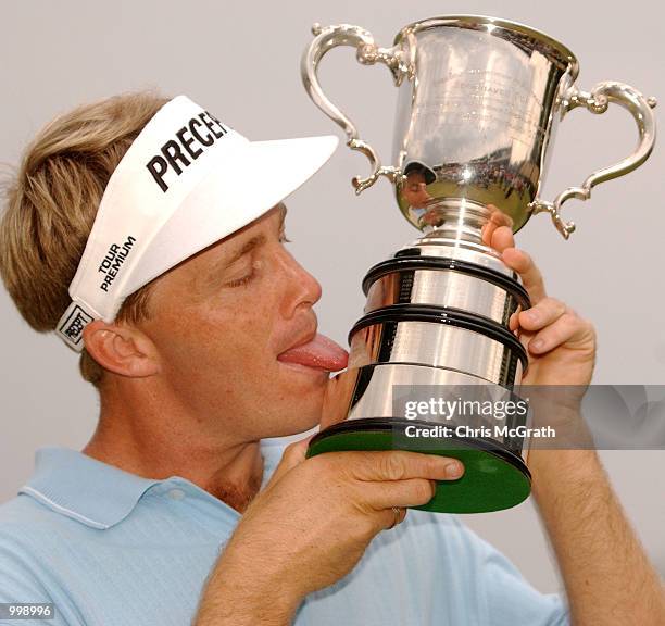 Stuart Appleby of Australia with the Stonehaven Cup after winning the final round of the Holden Australian Open Golf Tournament held at The Grand...