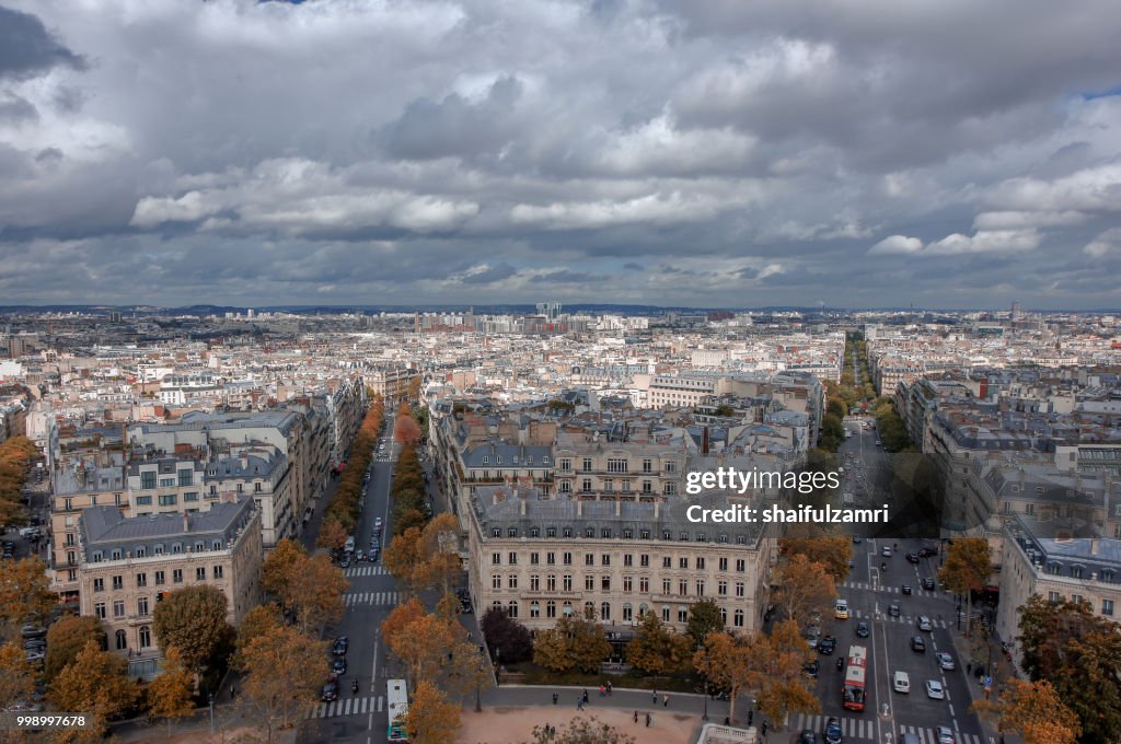 View from The Arc de Triomphe - one of the most famous monuments in Paris. It stands in the centre of the Place Charles de Gaulle.