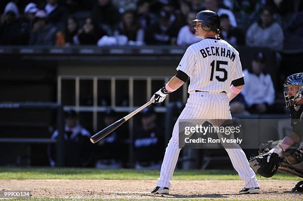 Gordon Beckham of the Chicago White Sox bats against the Toronto Blue Jays on May 9, 2010 at U.S. Cellular Field in Chicago, Illinois. The Blue Jays...