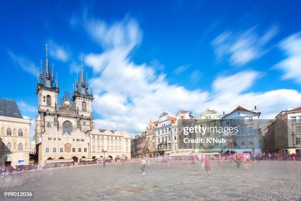 prague old town square with old church and castle in shopping street where is the famous landmark for tourist in prague, czech republic, europe - teynkirche stock-fotos und bilder