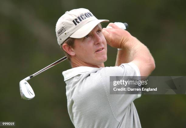 Scott Laycock of Australia in action during the final round of the Holden Australian Open Golf Tournament held at The Grand Golf Club, Gold Coast,...