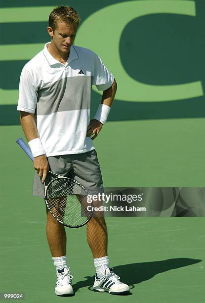 Dejected Thomas Johansson of Sweden during his loss to Lleyton Hewitt of Australia on day three of the Davis Cup semi final between Australia and...