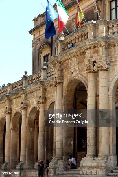 View of Noto Town Hall, a place where the Tv series based on Inspector Montalbano was filmed on June 05, 2018 in Noto, Syracuse, Italy. Inspector...