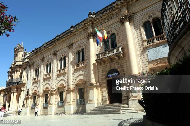 View of Scicli Town Hall, fictional Police Station where the Tv series based on Inspector Montalbano was filmed on June 05, 2018 in Scicli, Ragusa,...