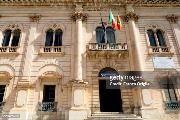 View of Scicli Town Hall, fictional Police Station where the Tv series based on Inspector Montalbano was filmed on June 05, 2018 in Scicli, Ragusa,...