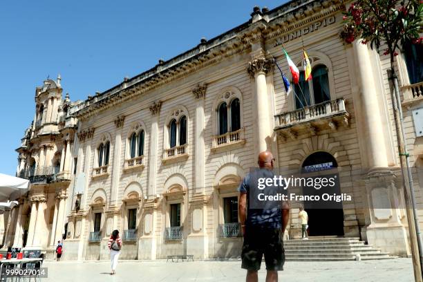 View of Scicli Town Hall, fictional Police Station where the Tv series based on Inspector Montalbano was filmed on June 05, 2018 in Scicli, Ragusa,...