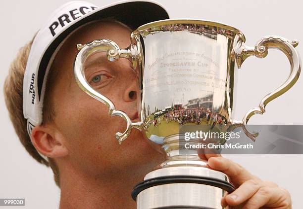 Stuart Appleby of Australia with the Stonehaven Cup after winning the final round of the Holden Australian Open Golf Tournament held at The Grand...