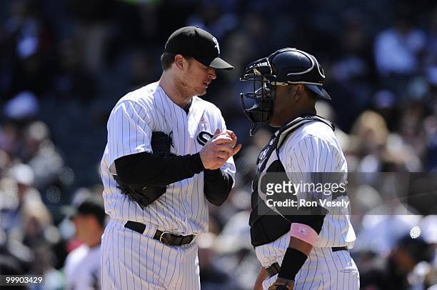 Gavin Floyd talks to Ramon Castro of the Chicago White Sox during the game against the Toronto Blue Jays on May 9, 2010 at U.S. Cellular Field in...