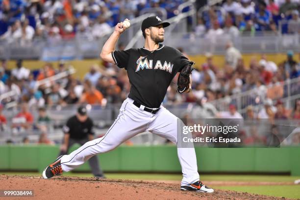 Kyle Barraclough of the Miami Marlins throws a pitch during the ninth inning against the Philadelphia Phillies at Marlins Park on July 14, 2018 in...