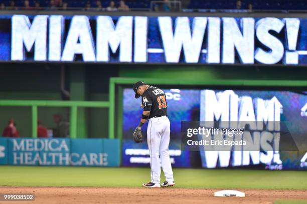 Starlin Castro of the Miami Marlins takes a moment after defeating the Philadelphia Phillies at Marlins Park on July 14, 2018 in Miami, Florida.