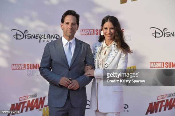 Actors Paul Rudd and Evangeline Lilly attend the European Premiere of Marvel Studios "Ant-Man And The Wasp" at Disneyland Paris on July 14, 2018 in...