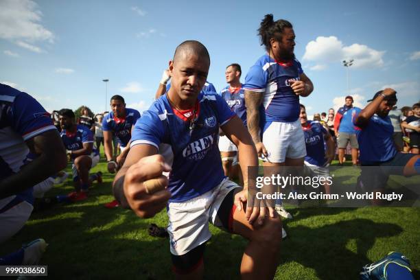 Players of Samoa celebrate after the Germany v Samoa Rugby World Cup 2019 qualifying match on July 14, 2018 in Heidelberg, Germany.