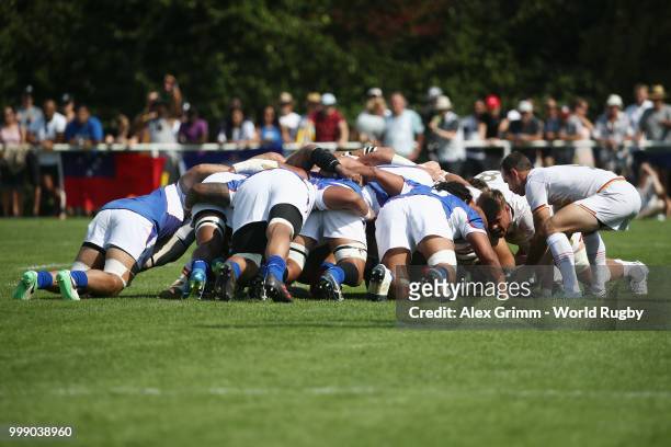 Team captain Sean Armstrong of Germany during a scrum during the Germany v Samoa Rugby World Cup 2019 qualifying match on July 14, 2018 in...