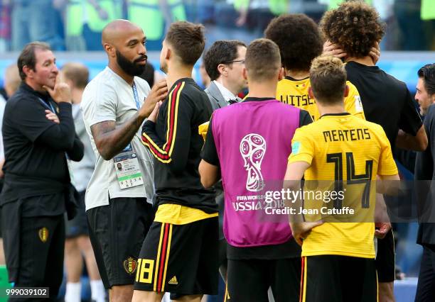 Assistant coach of Belgium Thierry Henry celebrates the victory after receiving the medal following the 2018 FIFA World Cup Russia 3rd Place Playoff...