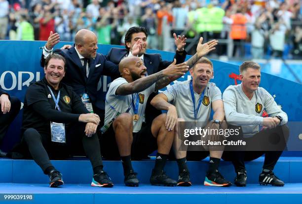 Assistant coach of Belgium Thierry Henry celebrates the victory after receiving the medal following the 2018 FIFA World Cup Russia 3rd Place Playoff...