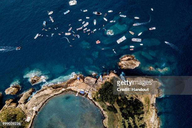 In this handout image provided by Red Bull, A aerial view of the event venue at Islet Vila Franco do Campo during the final competition day of the...
