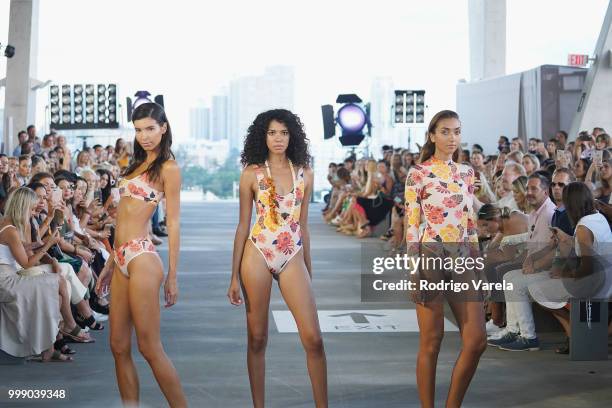 Models walk the runway for Acacia Resort 2019 during Paraiso Fashion Fair at 1111 Lincoln Road on July 14, 2018 in Miami, Florida.