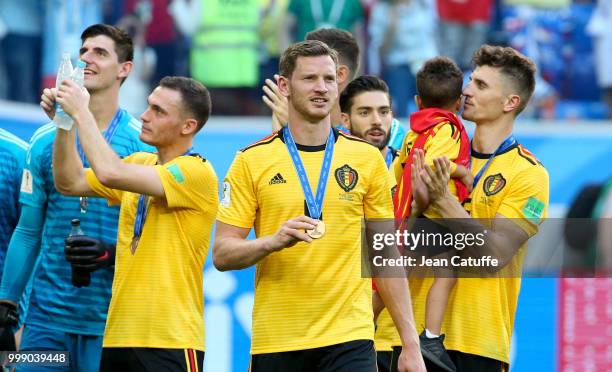 Thomas Vermaelen, Jan Vertonghen, Thomas Meunier holding his son Landrys Meunier celebrate the victory following the 2018 FIFA World Cup Russia 3rd...