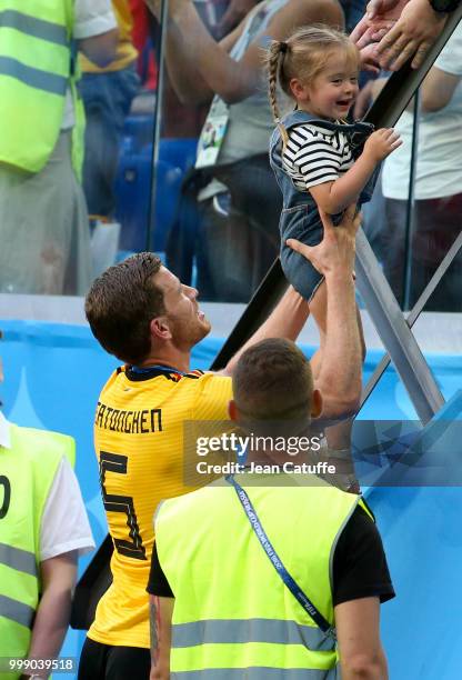 Jan Vertonghen of Belgium and his daughter Leyla Vertonghen celebrate the victory following the 2018 FIFA World Cup Russia 3rd Place Playoff match...