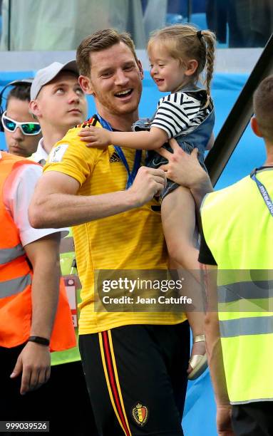 Jan Vertonghen of Belgium and his daughter Leyla Vertonghen celebrate the victory following the 2018 FIFA World Cup Russia 3rd Place Playoff match...