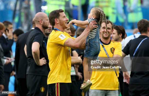 Jan Vertonghen of Belgium and his daughter Leyla Vertonghen celebrate the victory following the 2018 FIFA World Cup Russia 3rd Place Playoff match...