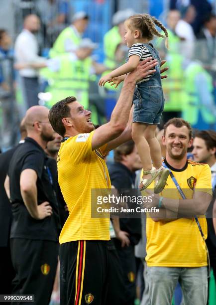 Jan Vertonghen of Belgium and his daughter Leyla Vertonghen celebrate the victory following the 2018 FIFA World Cup Russia 3rd Place Playoff match...