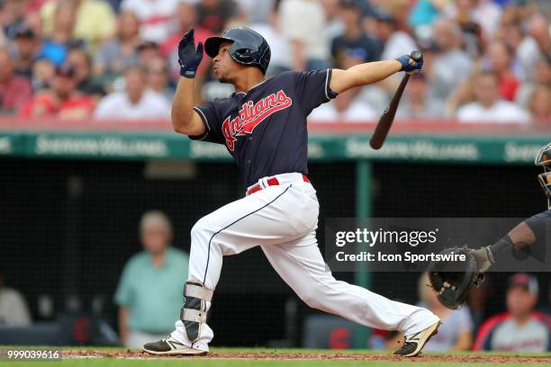 Cleveland Indians designated hitter Francisco Mejia flies out to right field during the second inning of the Major League Baseball game between the...