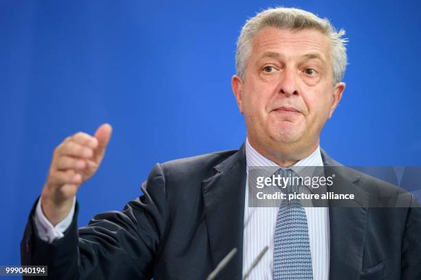 United Nations High Commissioner for Refugees, Filippo Grandi answers questions during a press conference following talks with German Chancellor...