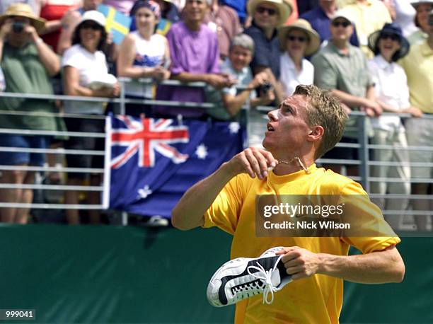 Lleyton Hewitt of Australia celebrates his 7/6, 5/7,6/2,6/1 win over Thomas Johansson of Sweden to win the tie for Australia during the third day's...