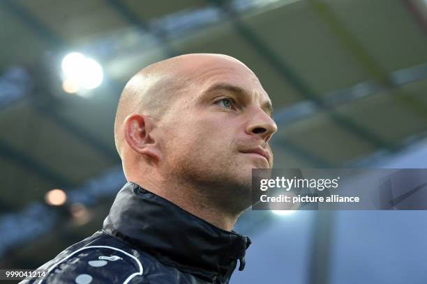 Karlsruhe's coach Marc-Patrick Meister can be seen before the beginning of the DFB-Cup's first round soccer match between Karlsruher SC and Bayer 04...
