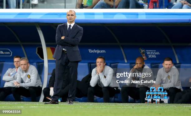 Coach of Belgium Roberto Martinez, assistant Thierry Henry seating during the 2018 FIFA World Cup Russia Semi Final match between France and Belgium...