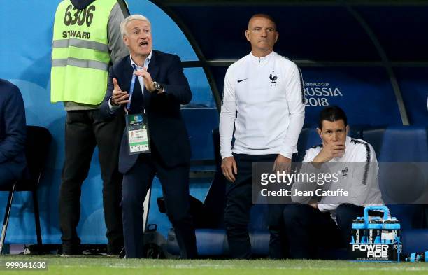 Coach of France Didier Deschamps, assistant coach Guy Stephan, coach of goalkeepers Franck Raviot during the 2018 FIFA World Cup Russia Semi Final...