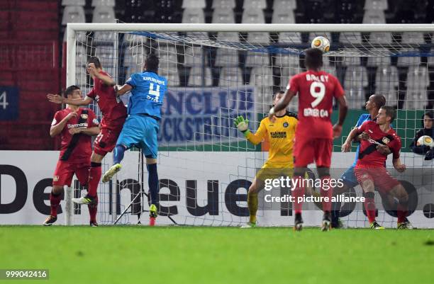 Leverkusen's Dominik Kohr gives his side a 1:0 lead during the German Soccer Association Cup first round soccer match between Karlsruher SC and Bayer...