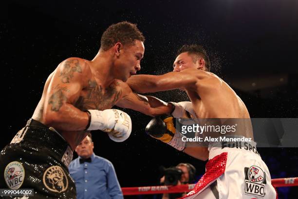 Regis Prograis lands a shot to the body of Juan Jose Velasco during their WBC Diamond Super Lightweight Title boxing match at the UNO Lakefront Arena...